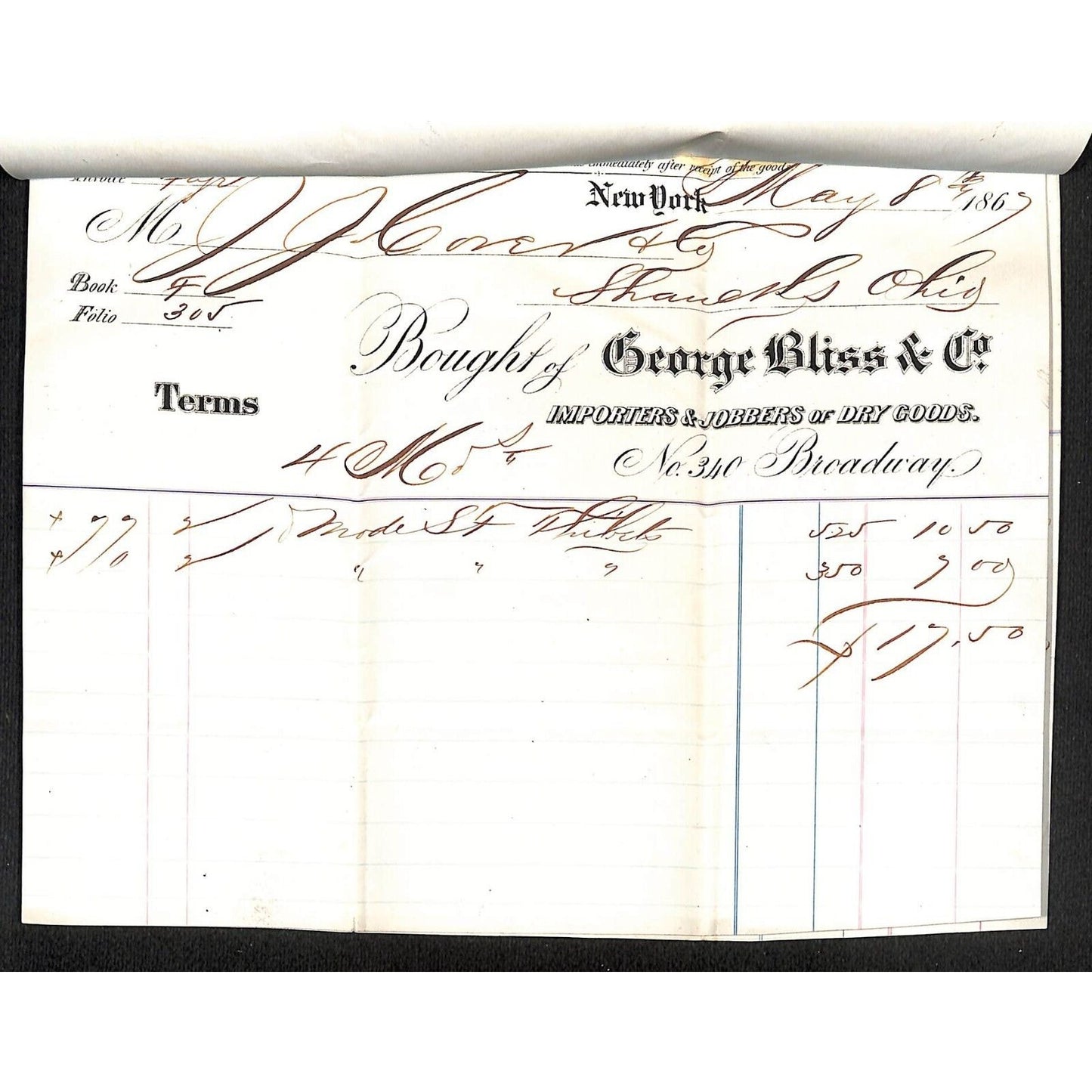 George Bliss & Co. Dry Goods NYC 1867 J.J. Cover, Johnsville, OH* 3 Billheads