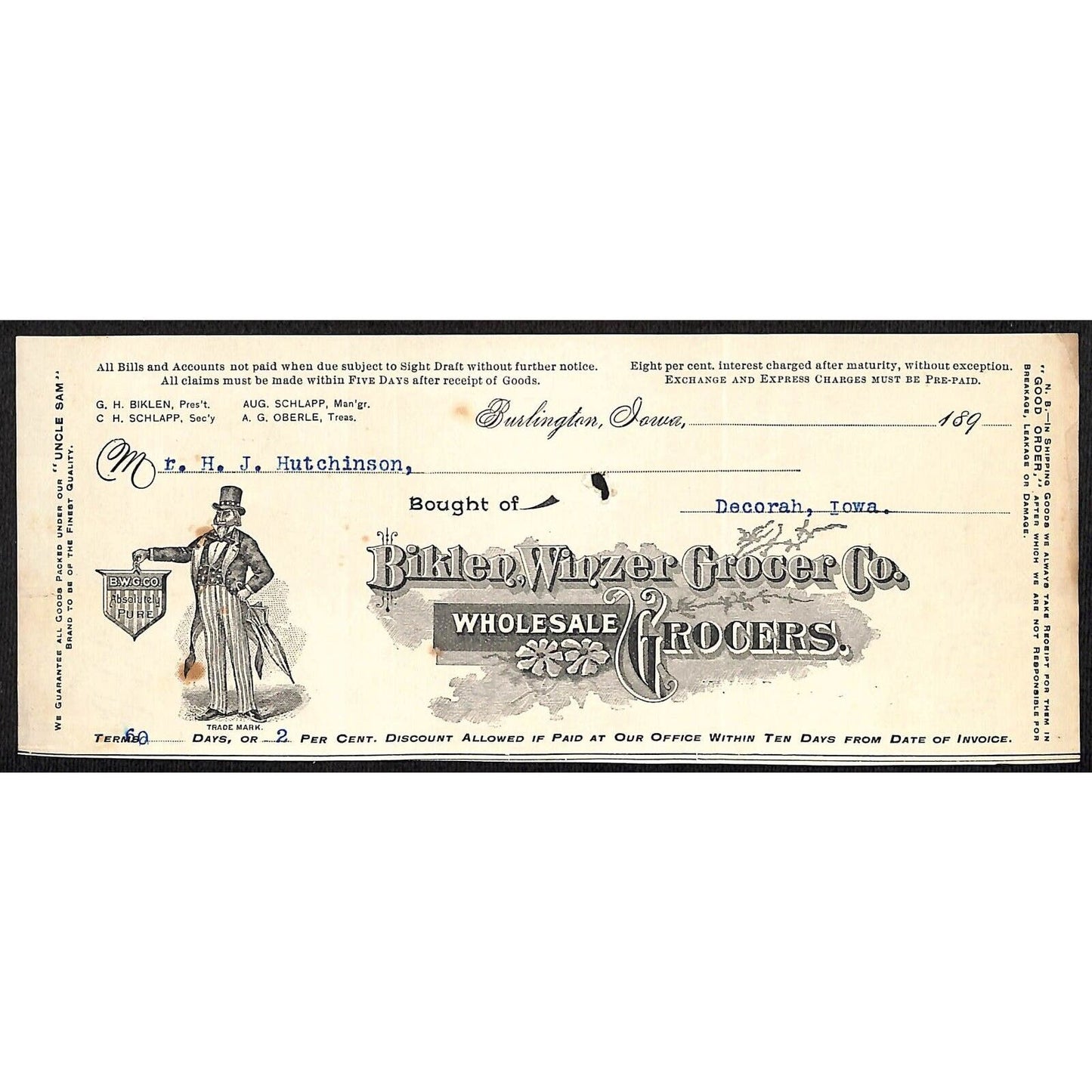 Biklen, Winzer Grocer Uncle Sam HJ Hutchinson Decorah IA* Cut 1890's Billhead