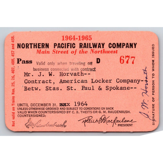 Northern Pacific Railway 1964-65 Yearly Train Pass #677