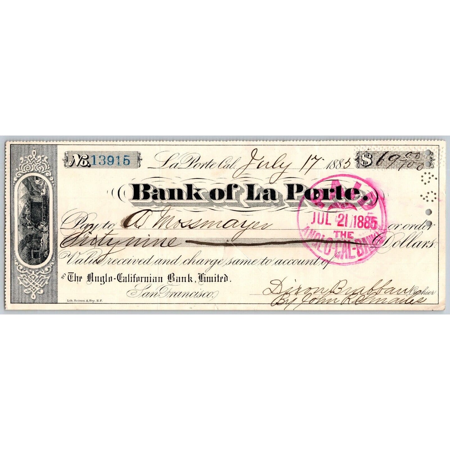 Bank of La Porte Check A. Mossmayer (Butcher?) 1885 Mining Vignette #13915