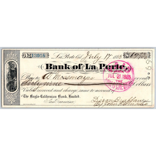 Bank of La Porte Check A. Mossmayer (Butcher?) 1885 Mining Vignette #13915