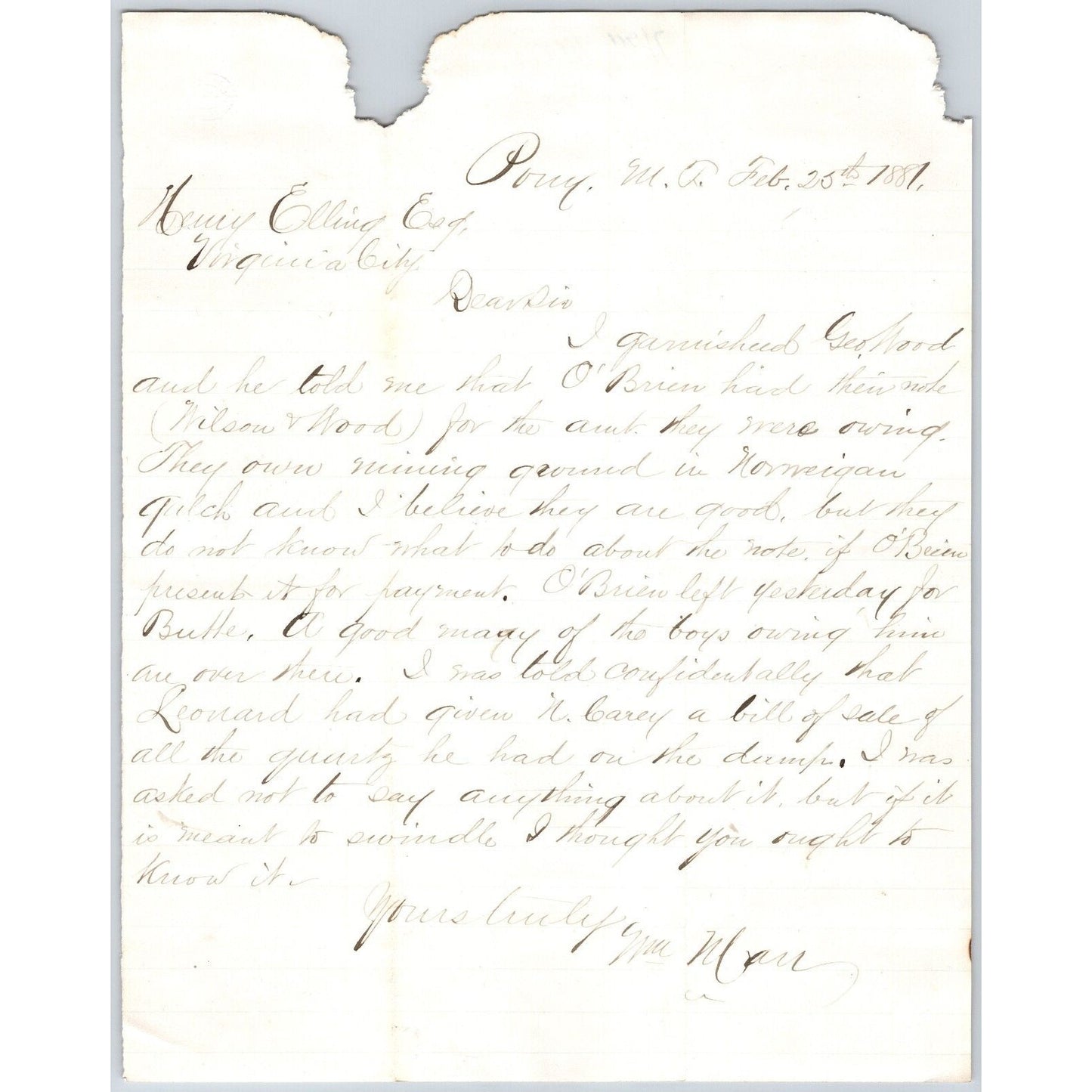 1881 ALS William Marr Pony, MT to Henry Elling* "Norwegian Gulch" Mention