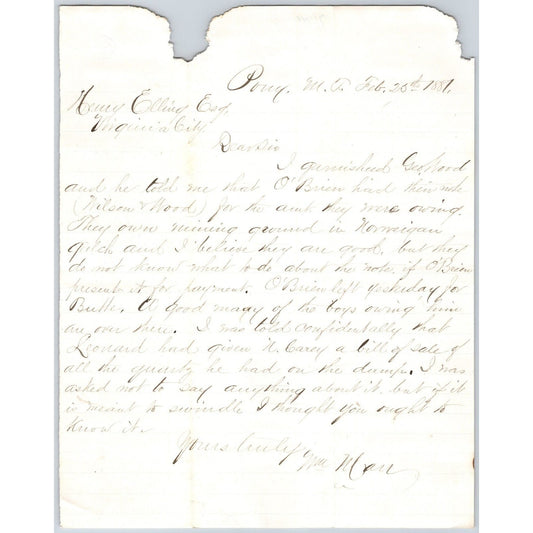 1881 ALS William Marr Pony, MT to Henry Elling* "Norwegian Gulch" Mention