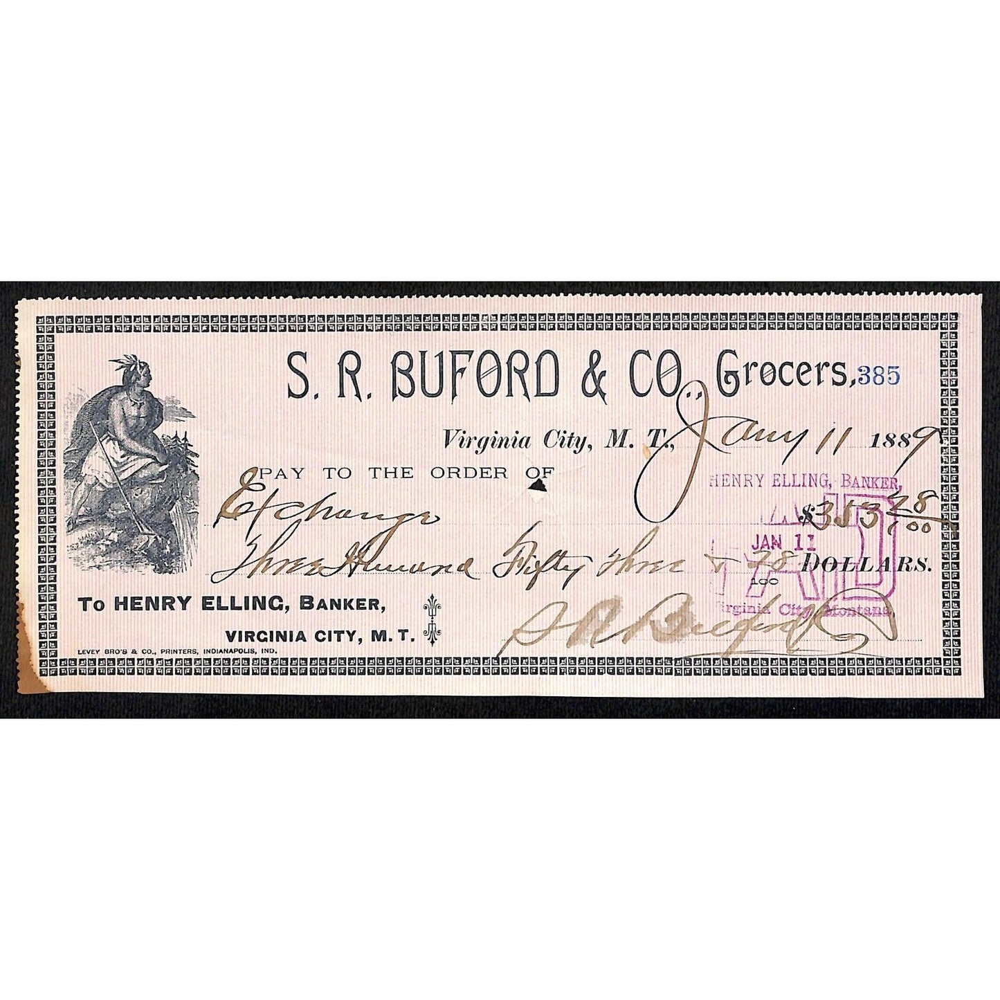 1889 Henry Elling Virginia City Montana Territory S.R. Buford Grocers Check #385