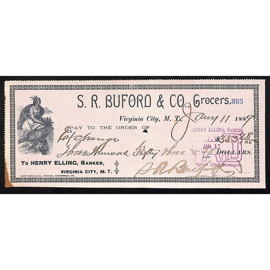 1889 Henry Elling Virginia City Montana Territory S.R. Buford Grocers Check #385
