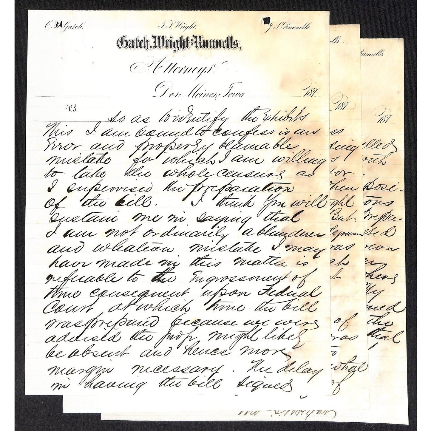 Gatch, Wright and Runnells Des Moines 1873 5pp ALS Letterhead Suit vs. CRI&P RR