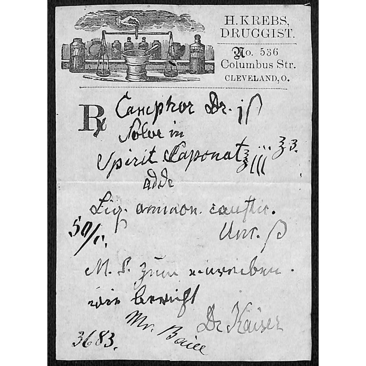 H. Krebs, Druggist Columbus St. Cleveland c1870's* Prescription #3683
