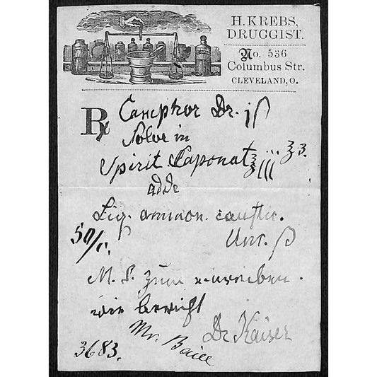 H. Krebs, Druggist Columbus St. Cleveland c1870's* Prescription #3683