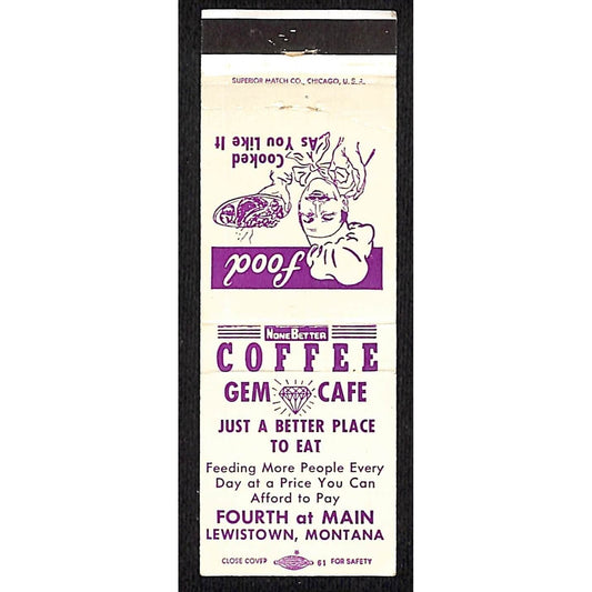 Lewiston Montana Matchbook Gem Cafe COFFEE c1950's-60's
