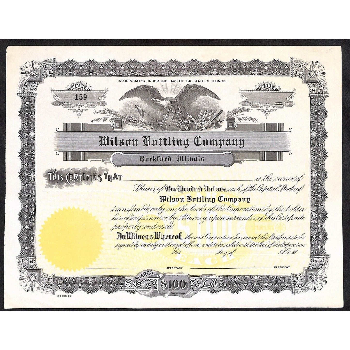 Wilson Bottling Co. Rockford, IL (Twin Lights) c1940's Stock Certificate #159