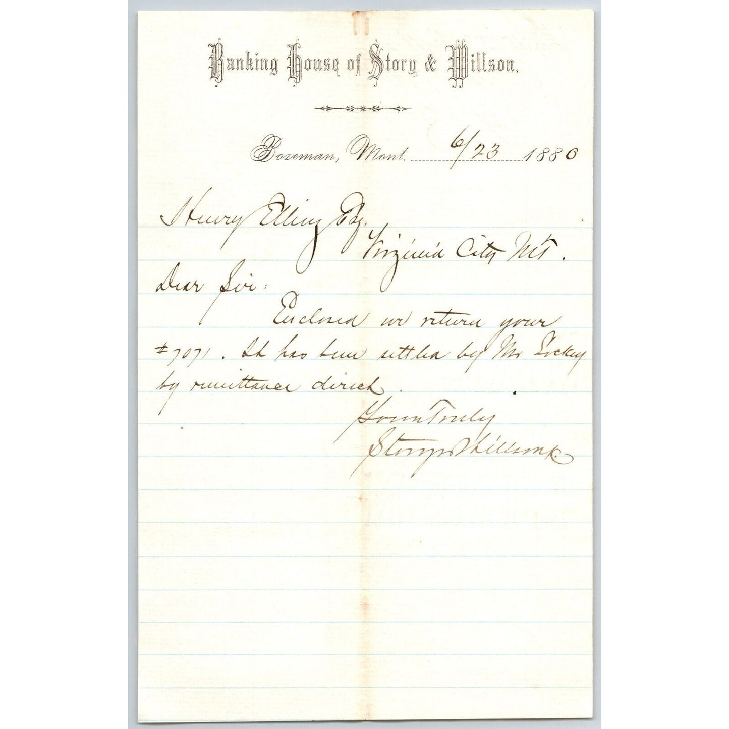 Banking House of Story & Nelson Bozeman, MT 6/23 1880 Letterhead Henry Elling*
