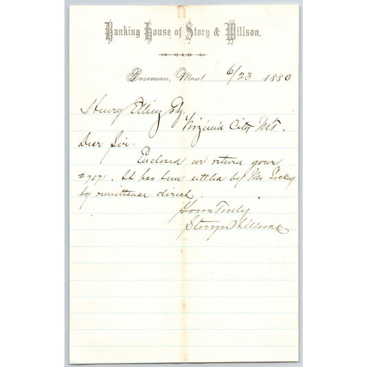 Banking House of Story & Nelson Bozeman, MT 6/23 1880 Letterhead Henry Elling*