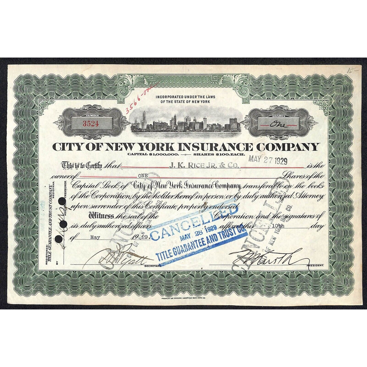 City of New York Insurance Co. NY 1929 Stock Certificate J.K. Rice Jr. & Co.