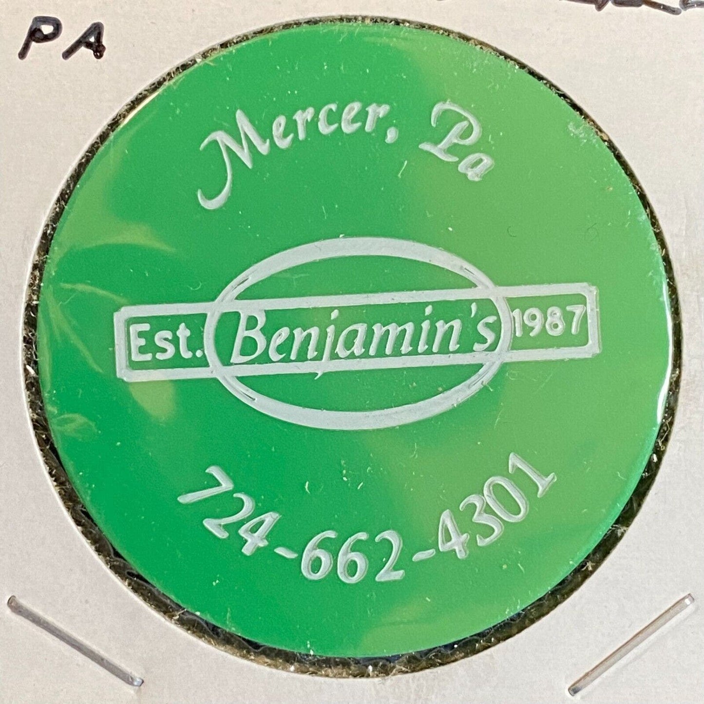 Mercer, PA Benjamin's Bar Restaurant c1987-90's Plastic Token "G/F One Drink"