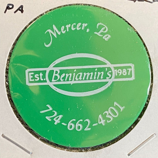 Mercer, PA Benjamin's Bar Restaurant c1987-90's Plastic Token "G/F One Drink"