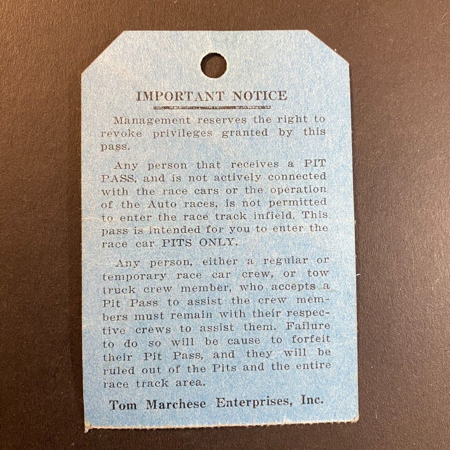 1950 AAA 100 Mile Nat. Championship Big Car Auto Race Pit Permit Stub