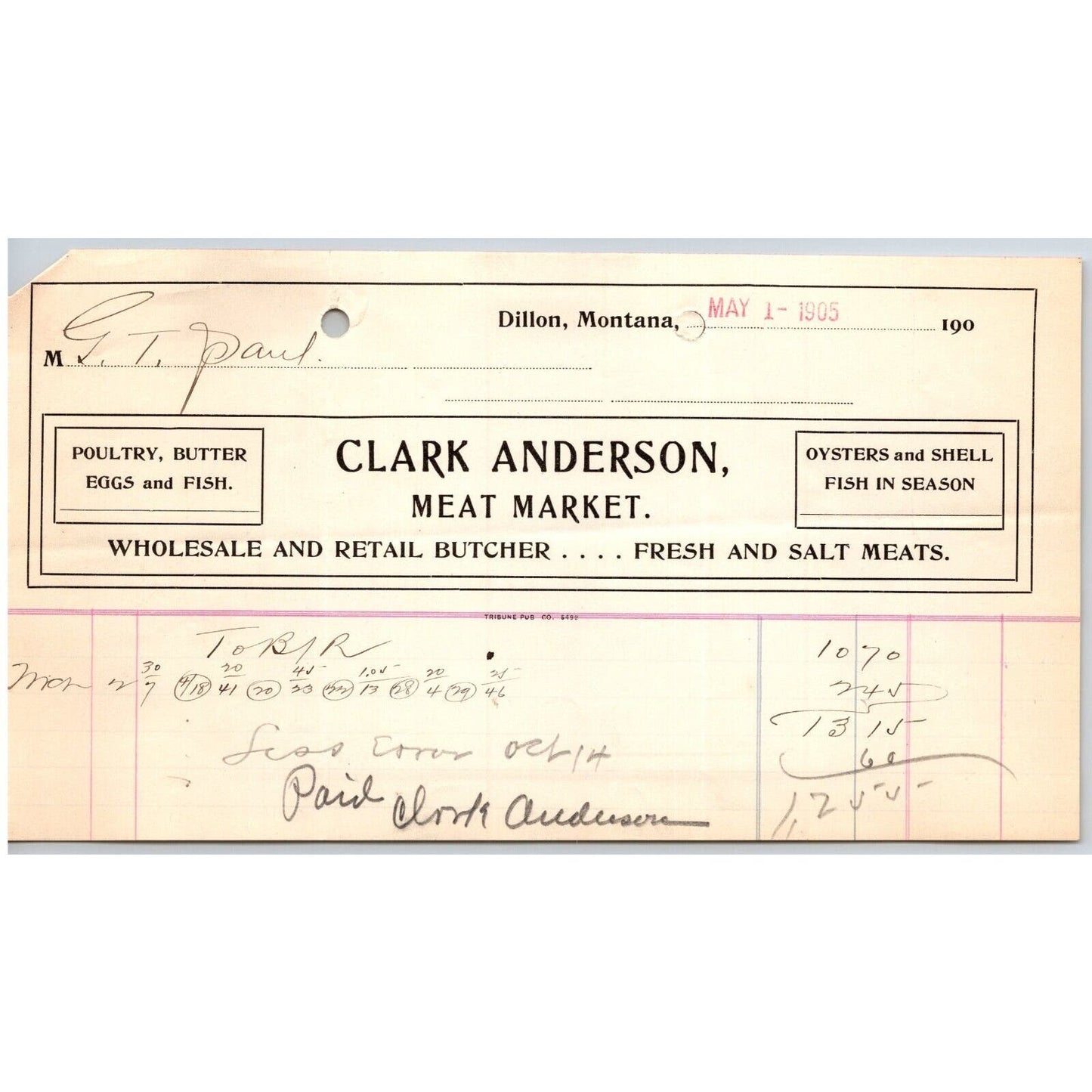 Dillon, MT Clark Anderson Meat Market Butcher Oysters Fish May 1905 Billhead