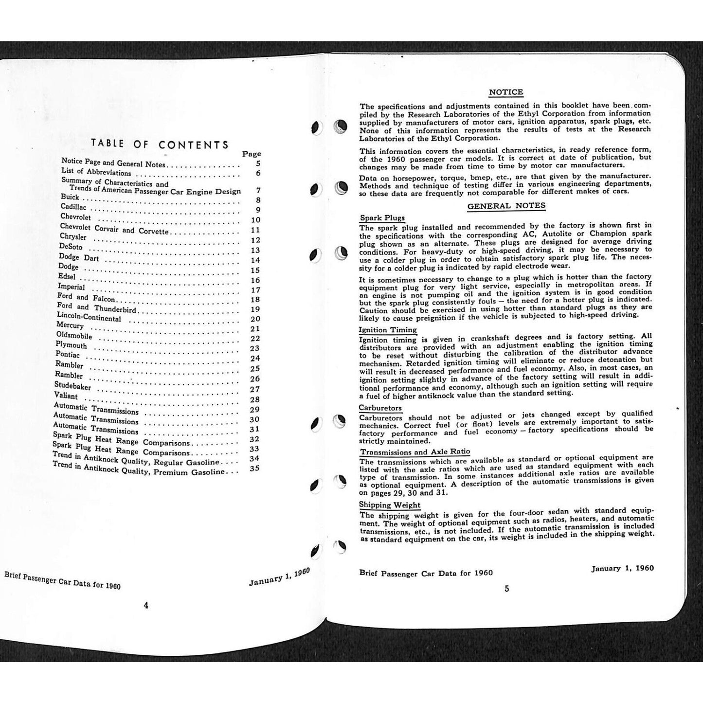 Ethyl Corporation "Brief Passenger Car Data" 1960 Booklet 35pp VGC