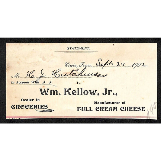 Wm. Kellow, Jr Cresco, IA "Full Cream Cheese" Hutchinson* 1902 Cut Receipt