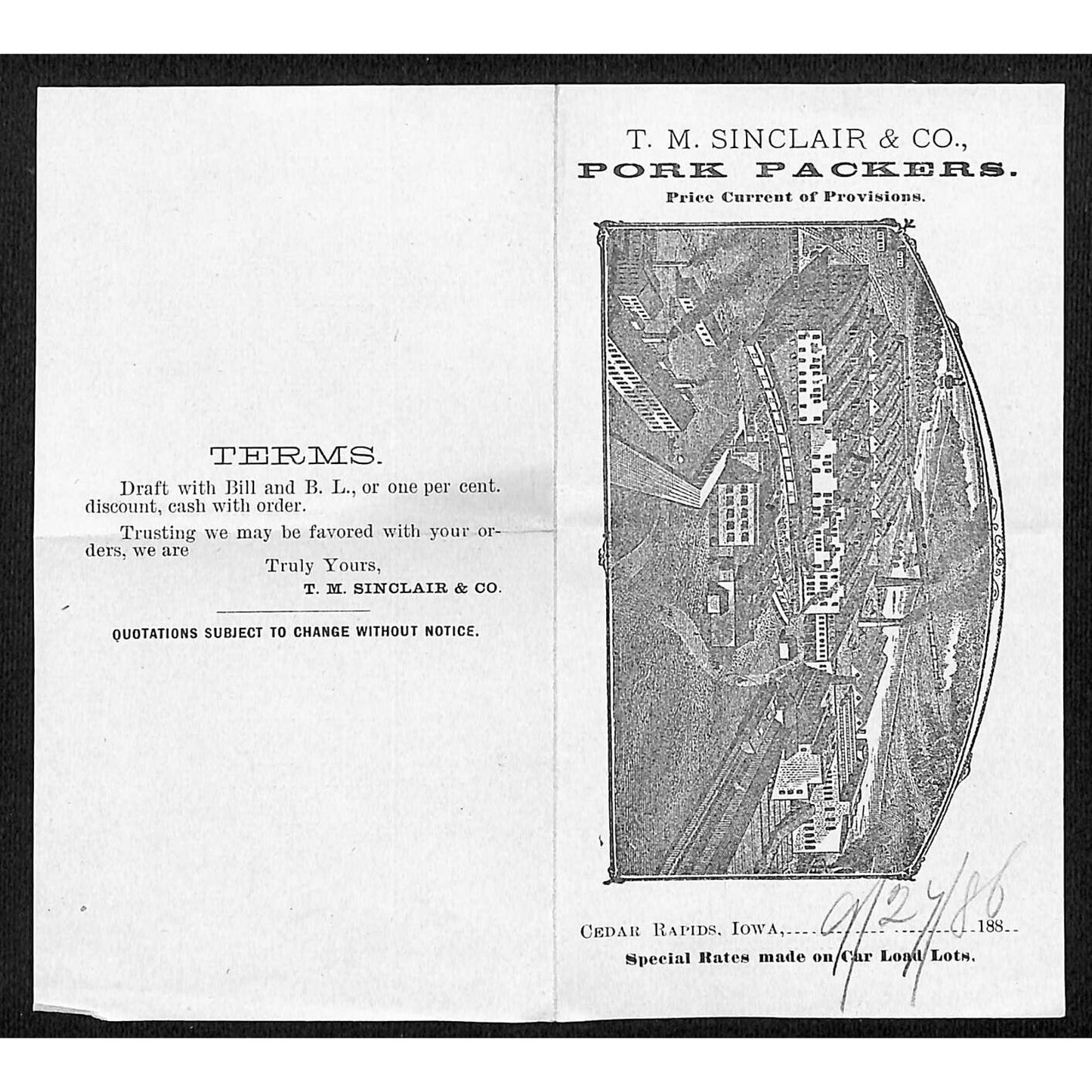 T.M. Sinclair & Co. Pork Packers Cedar Rapids, IA Small Price Sheet 9/27 1886