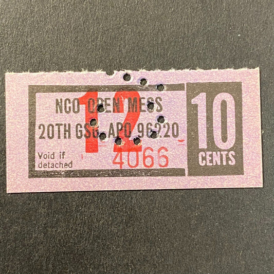 Bupyeong, Korea 20th GCG APO 96220 NCO Open Mess 10c Coupon c1970