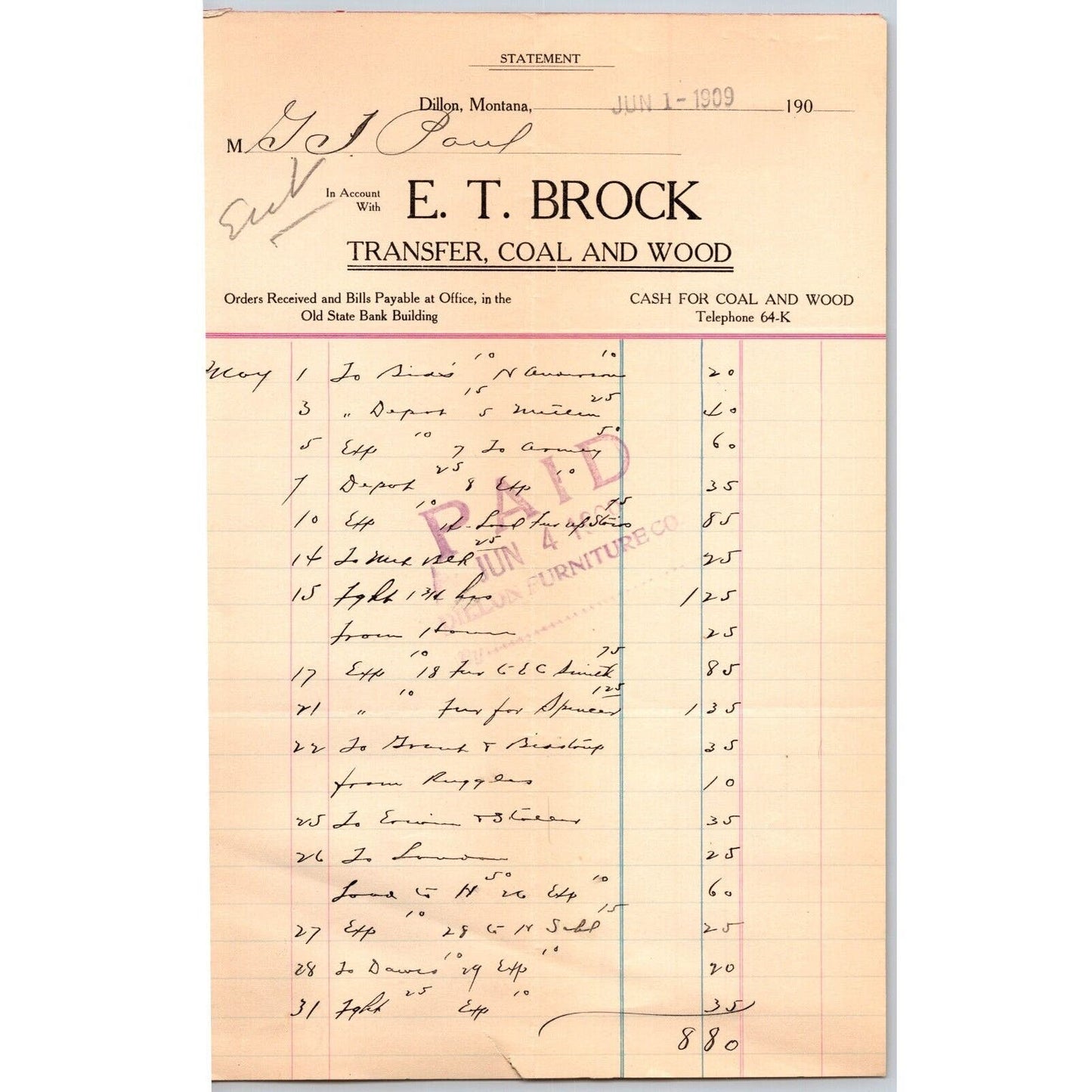 Dillon MT E.T. Brock Transfer Coal Wood June 1909 Billhead G.T. Paul*