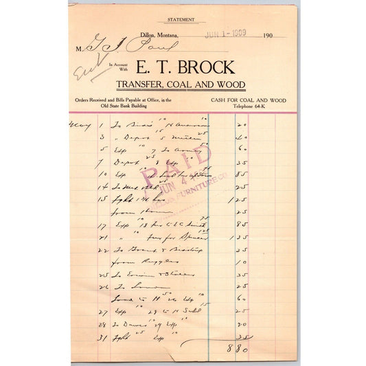 Dillon MT E.T. Brock Transfer Coal Wood June 1909 Billhead G.T. Paul*