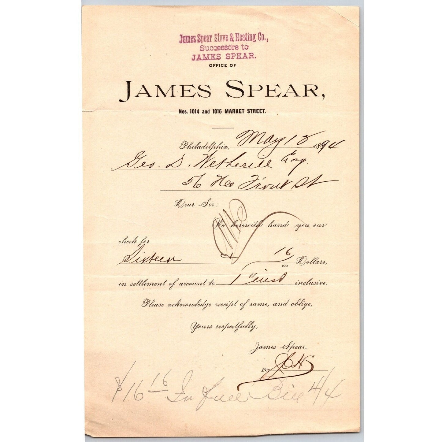 James Spear Stove & Heating Philadelphia 1894 Payment Notice