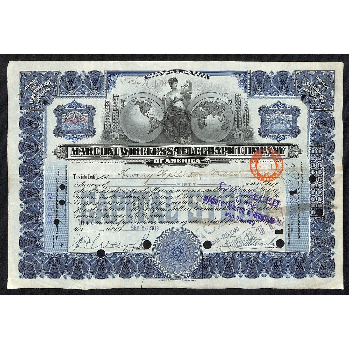 Marconi Wireless Telegraph 1913 Stock Certificate "Henry Miller Moss" (Artist ?)