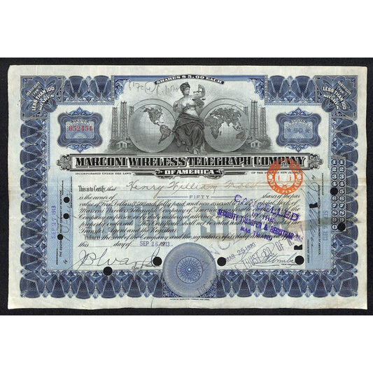 Marconi Wireless Telegraph 1913 Stock Certificate "Henry Miller Moss" (Artist ?)