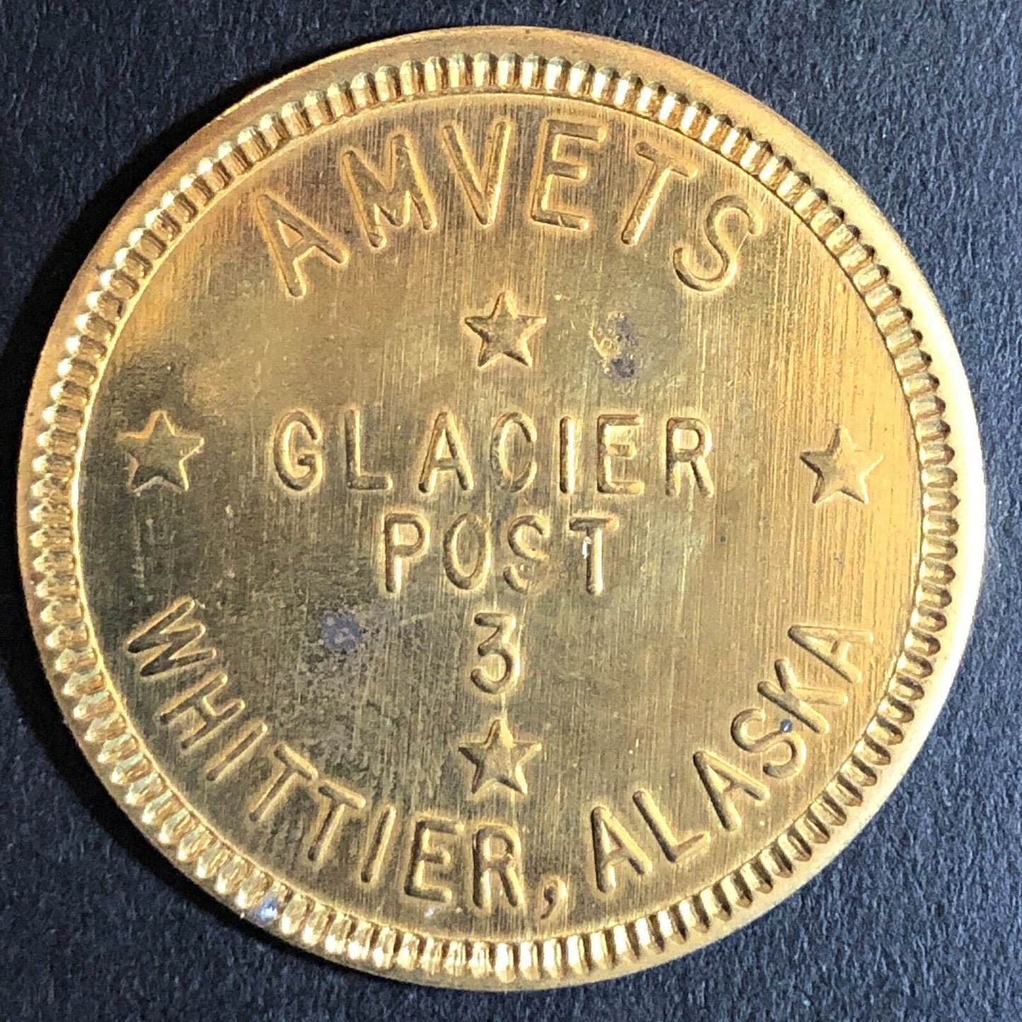 Whittier, AK Amvets Glacier Post 3 Brass G/F 50c Trade Token 32.5mm Scarce