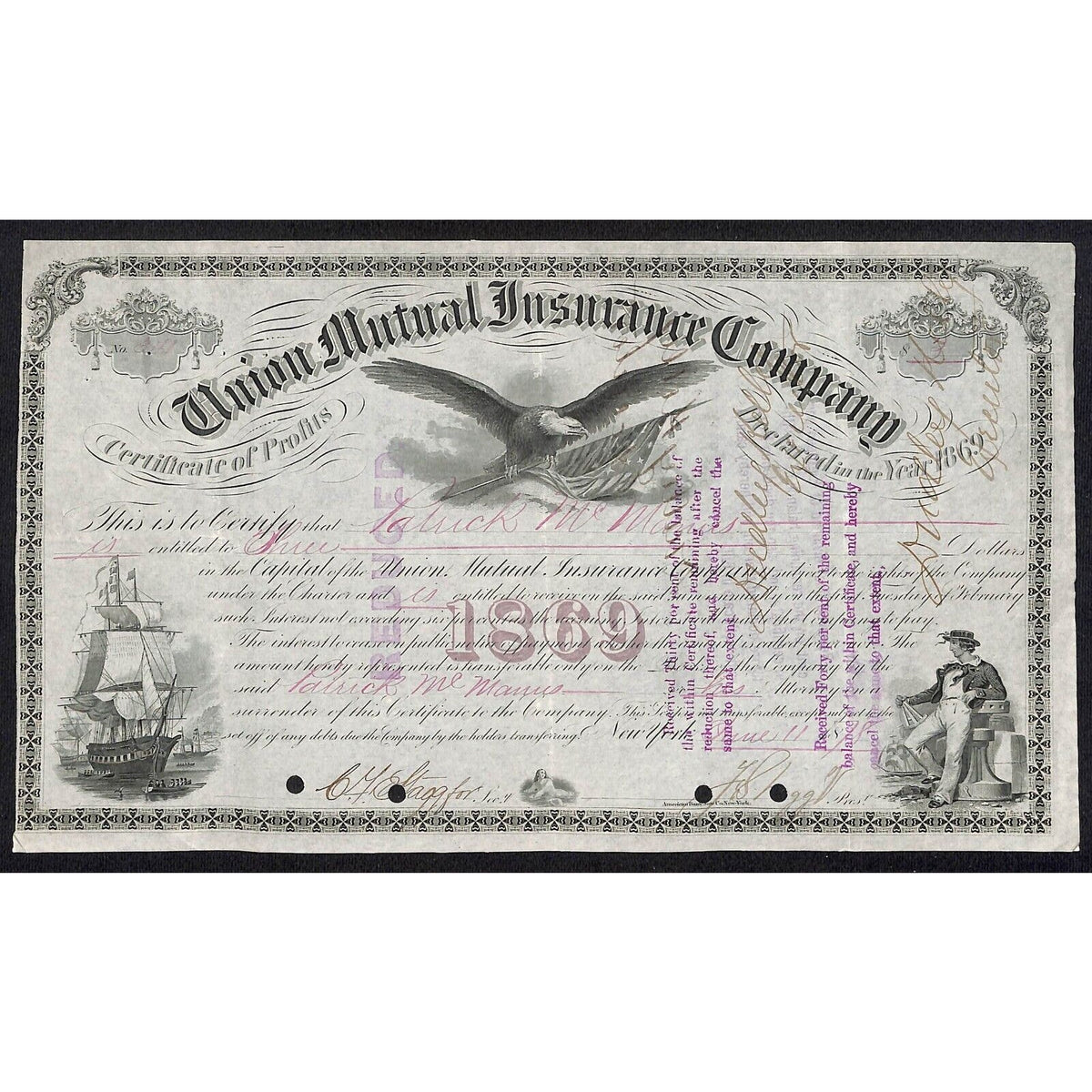 Union Mutual Insurance NY 1869 "Certificate of Profits" to Patrick Mc Manus