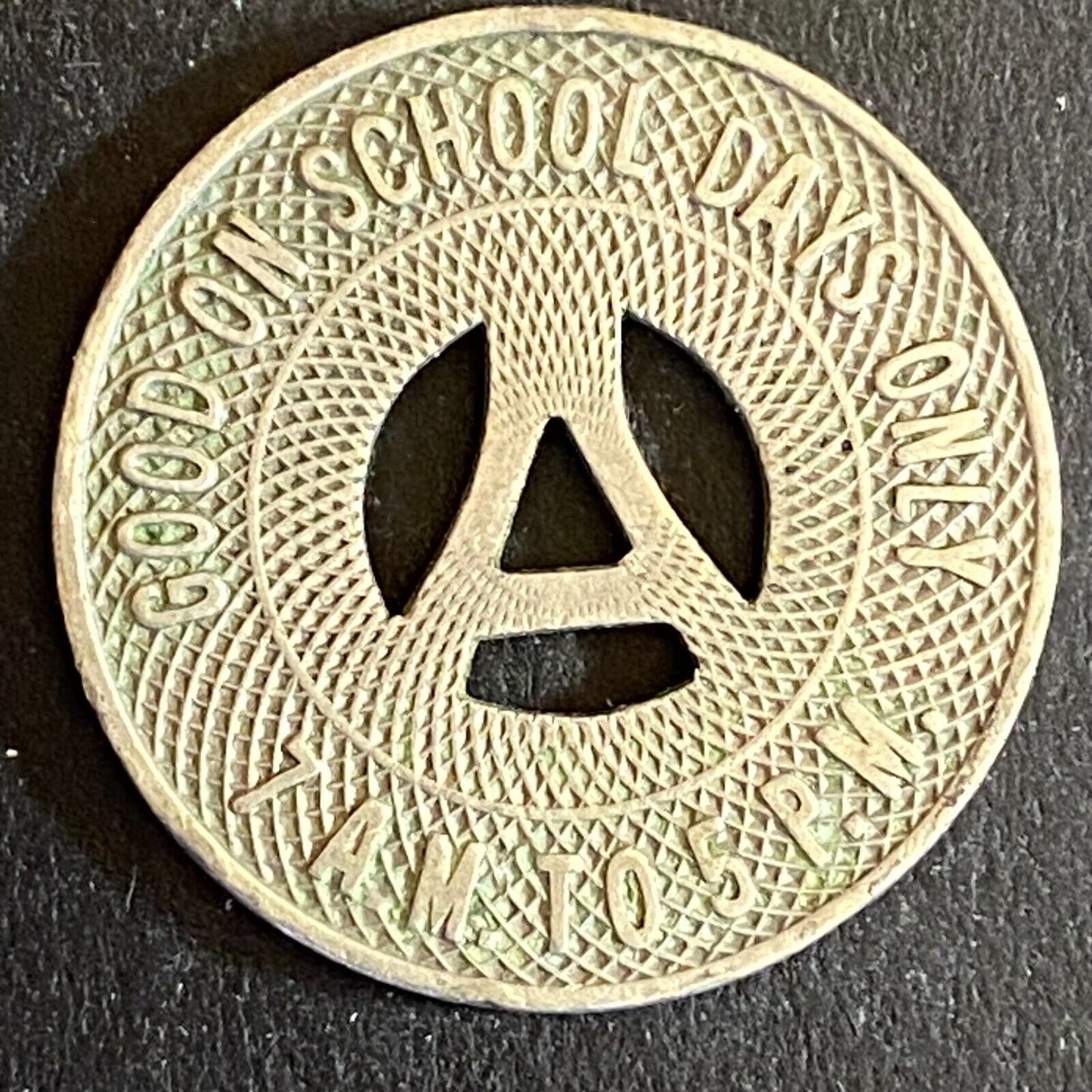 Albuquerque Bus Co. "Good on School Days Only" Token 23mm Hanging "A" (#5)