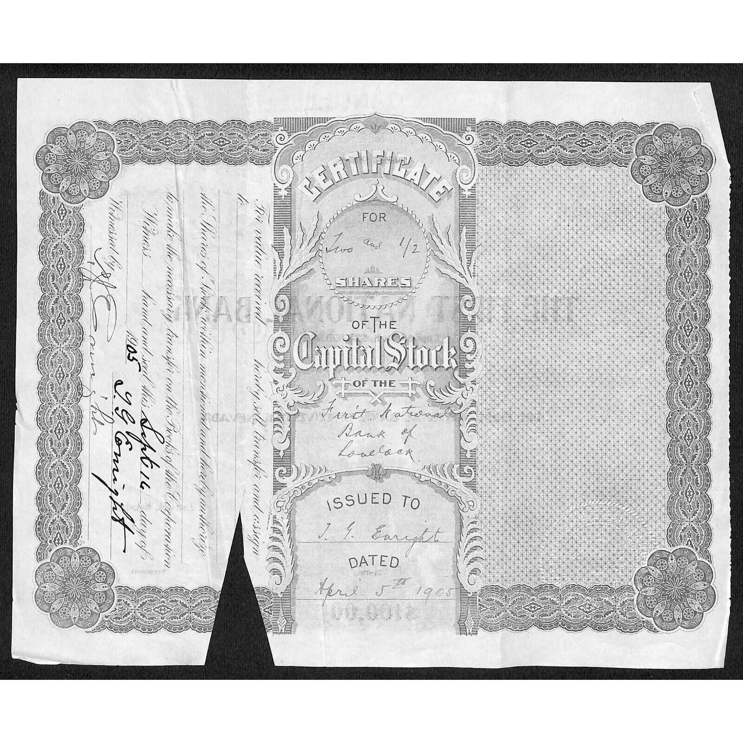 First National Bank of Lovelock, NV 1905 Stock Certificate to P.J. Enright *