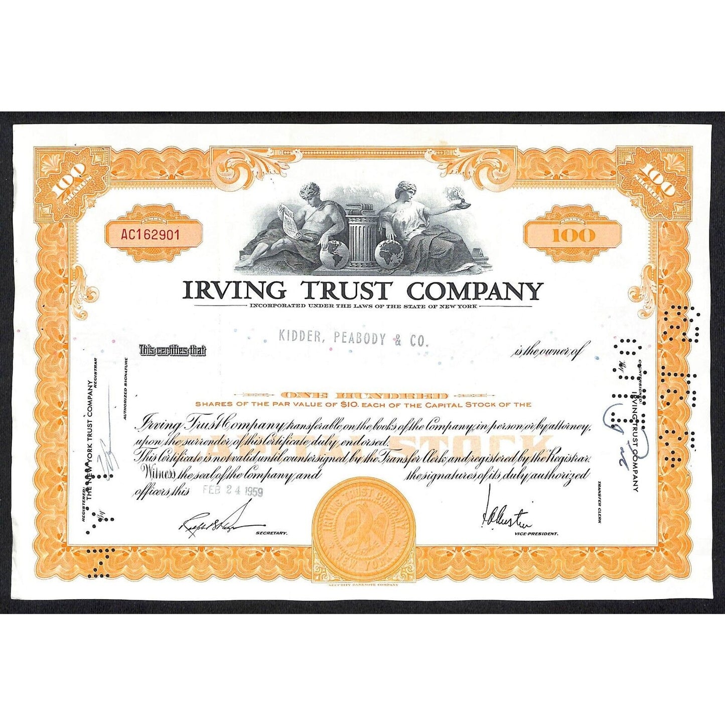 Irving Trust Company NY 1959 Stock Certificate to: Kidder, Peabody & Co.