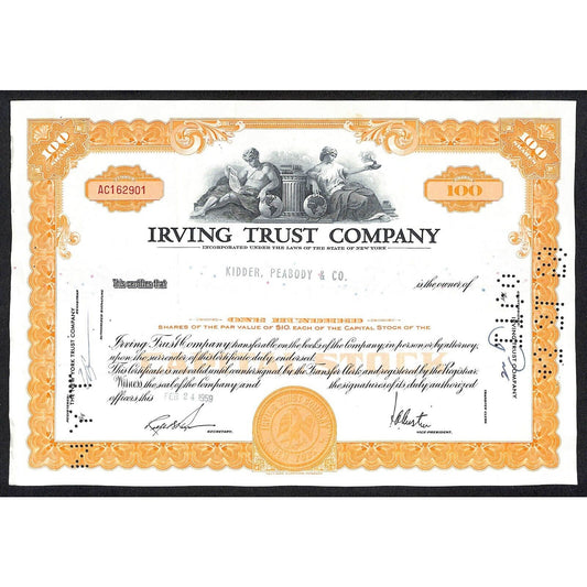 Irving Trust Company NY 1959 Stock Certificate to: Kidder, Peabody & Co.