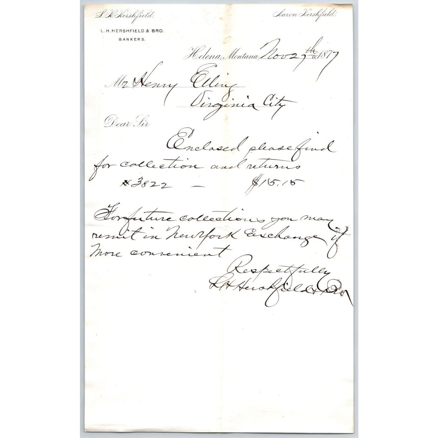 L.H. Hershfield** Bankers Helena 1877 Payment Advice Billhead Henry Elling*