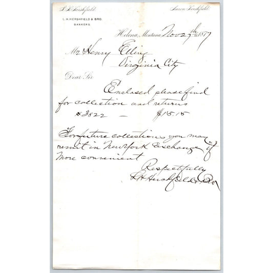 L.H. Hershfield** Bankers Helena 1877 Payment Advice Billhead Henry Elling*
