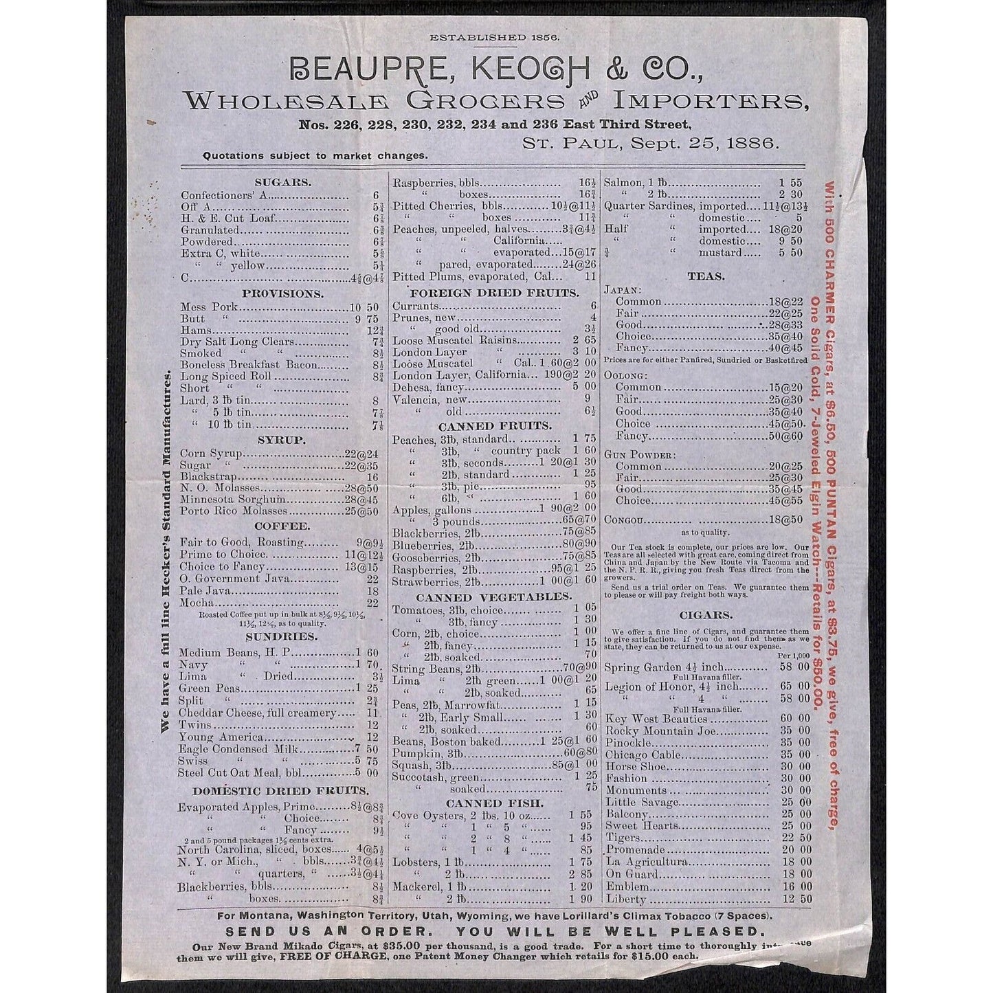 Beaupre, Keogh & Co. St. Paul, MN Whsle. Fruits Cigars 1886 Price Sheet Scarce