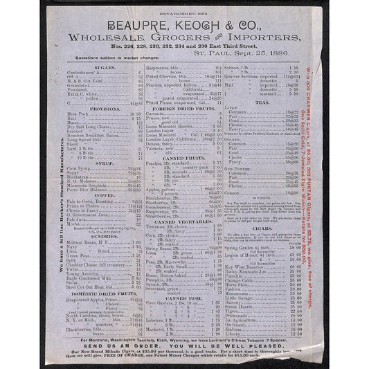 Beaupre, Keogh & Co. St. Paul, MN Whsle. Fruits Cigars 1886 Price Sheet Scarce