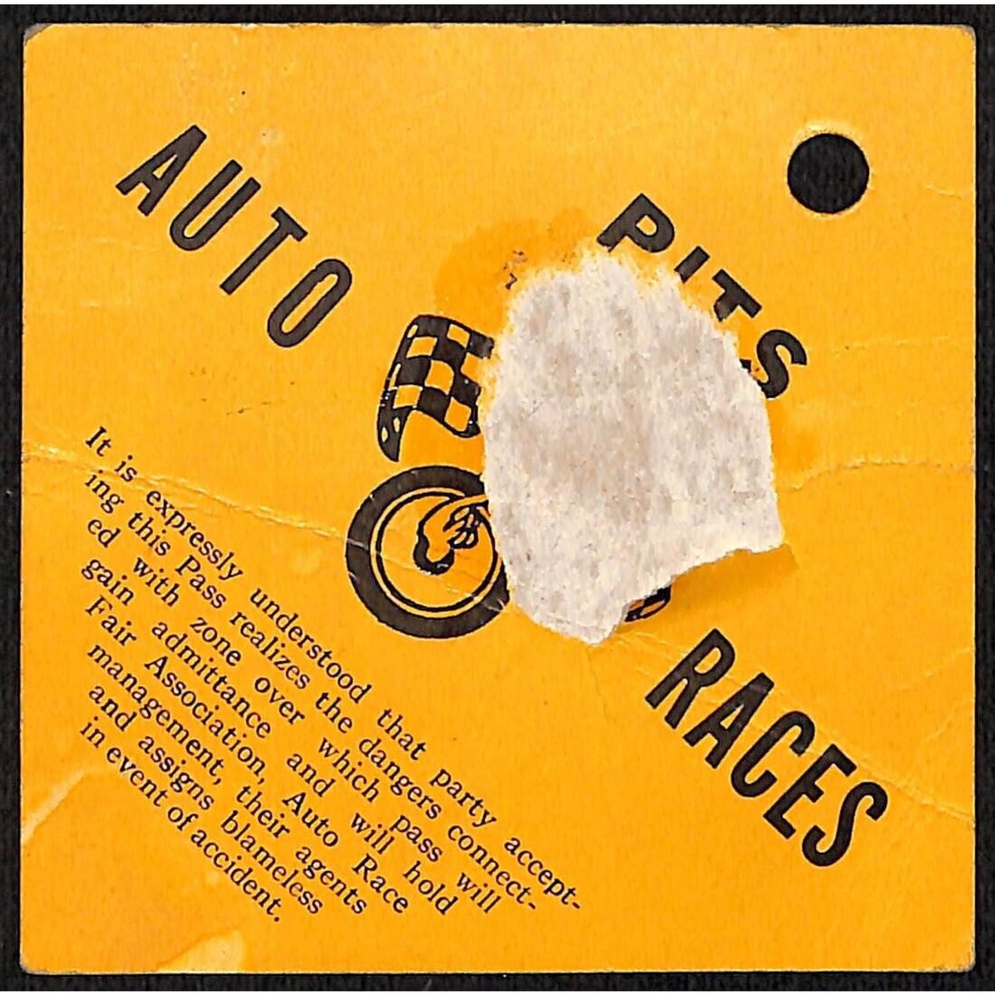 Fair Association Auto Races Pit Pass / Auto Racing c1940's - Scarce