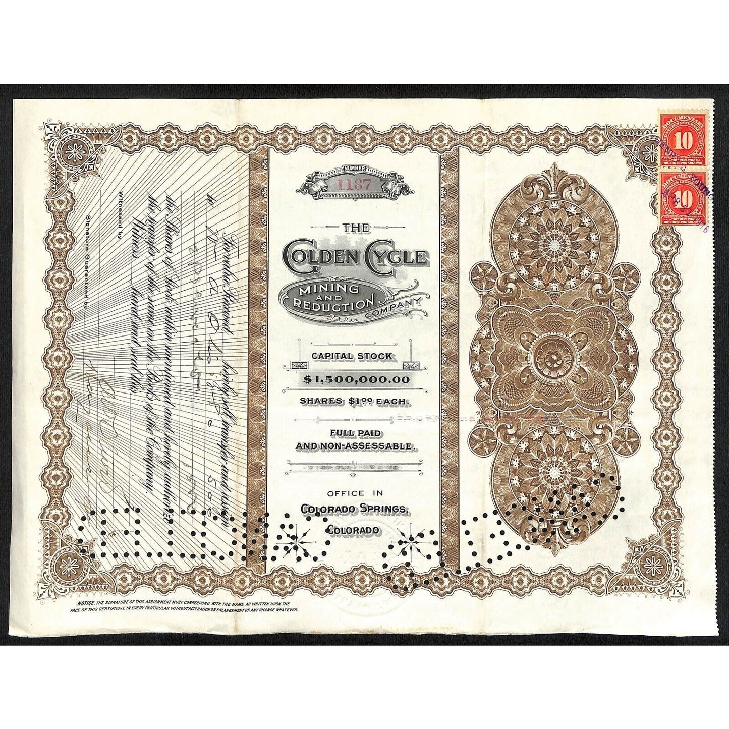 Golden Cycle Mining 1915 Stock Certificate w/ A.E. Carlton Sig. #1187