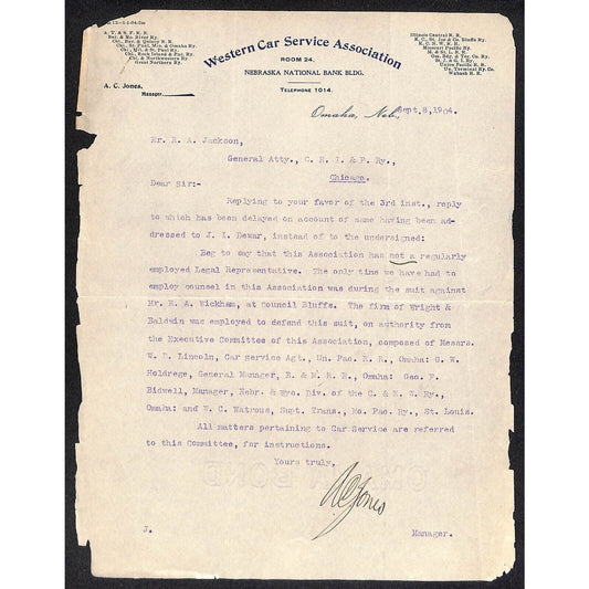 Western Car Service Association 1904 Letterhead re: CRI&P Legal Representation