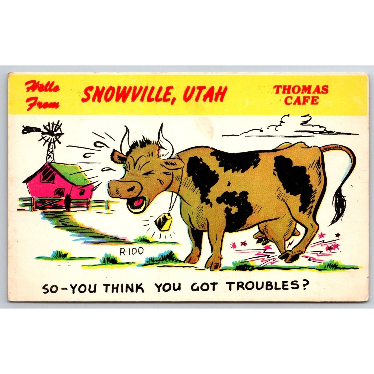 Welcome to Snowville, UT Thomas Cafe Funny Farm Humor Postcard c1950's w/ Cow