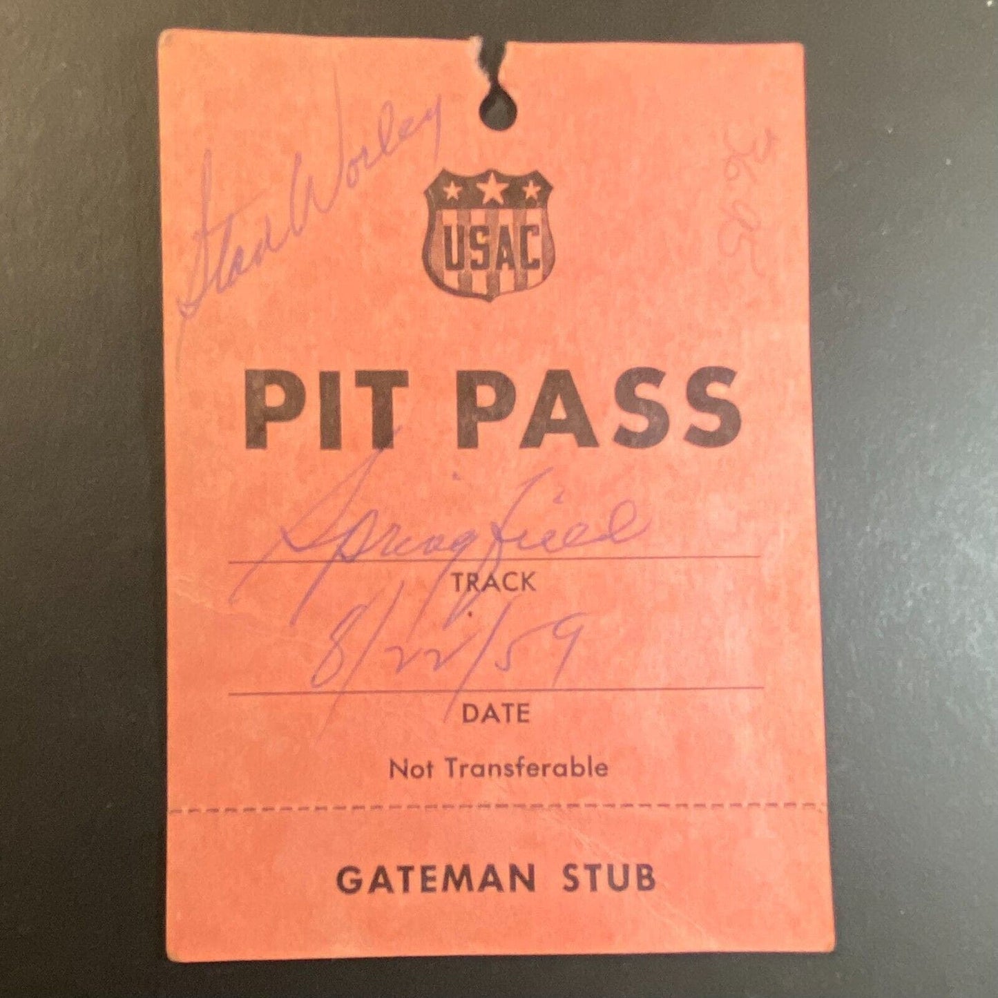 USAC 1959 Springfield 8/22 Stan Worley 1959 Pit Pass w/ Gateman Stub Scarce