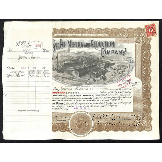 Golden Cycle Mining 1915 Stock Certificate w/ James F. Burns Sig. #385