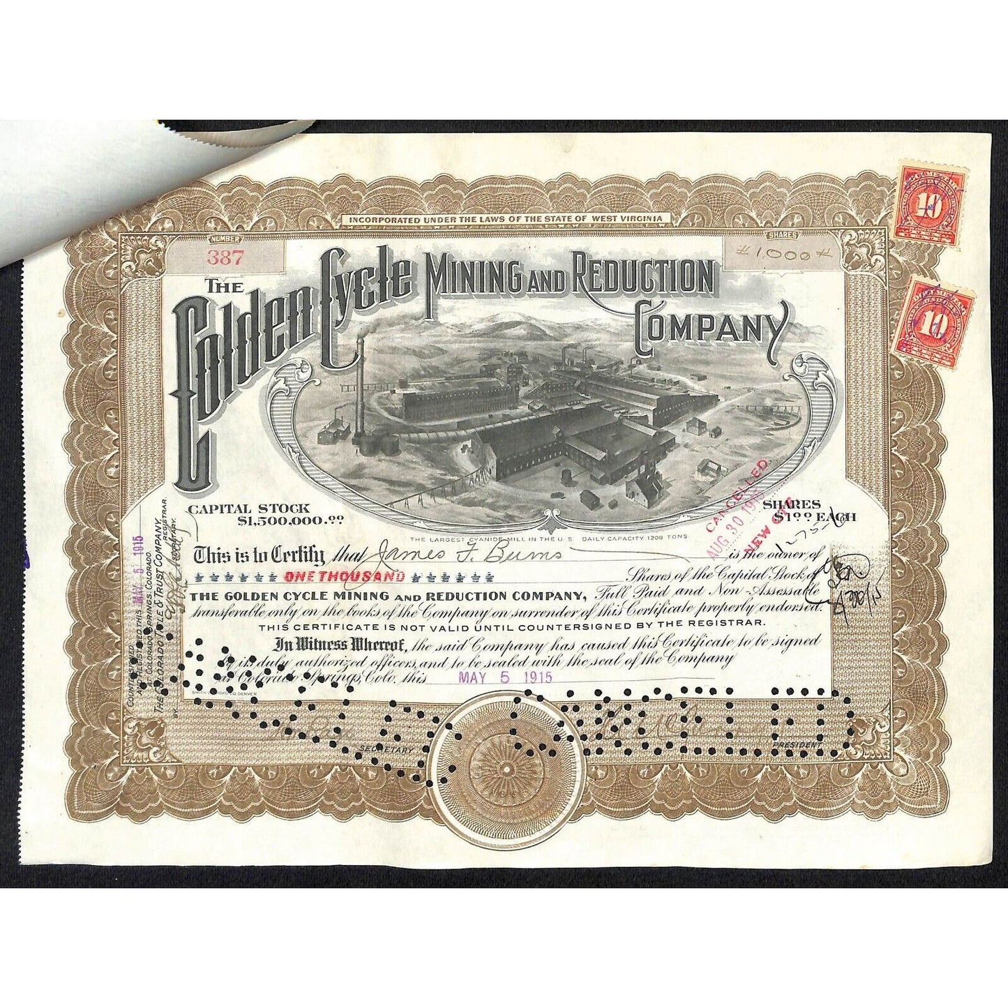 Golden Cycle Mining 1915 Stock Certificate w/ James F. Burns Sig. #387