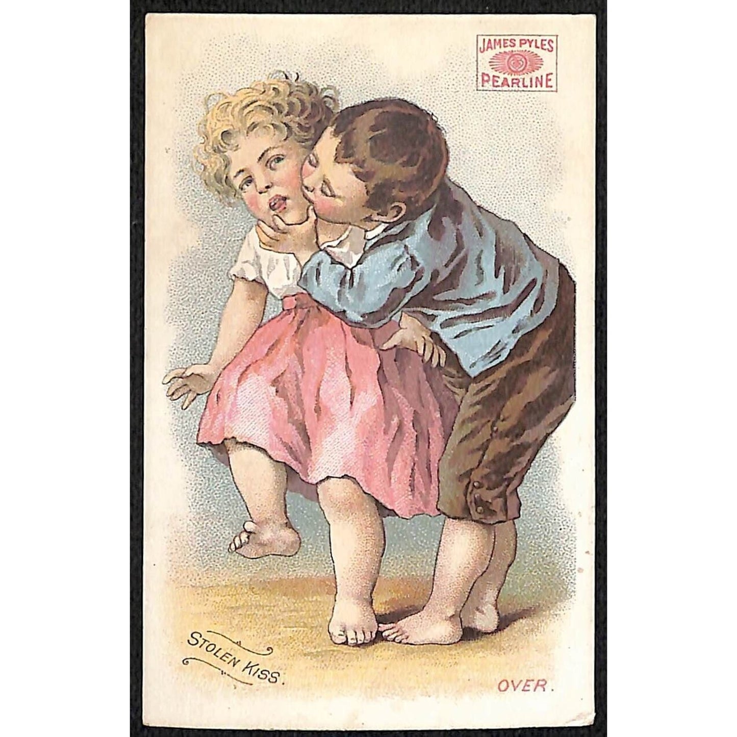 James Pyle's Pearline Victorian Trade Card "Stolen Kiss" Boy Kisses Girl