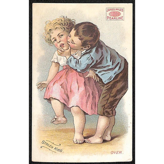 James Pyle's Pearline Victorian Trade Card "Stolen Kiss" Boy Kisses Girl