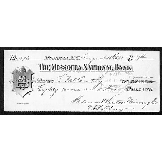 1888 Missoula National Bank Montana Territory Check Helena & Victor Mining #596